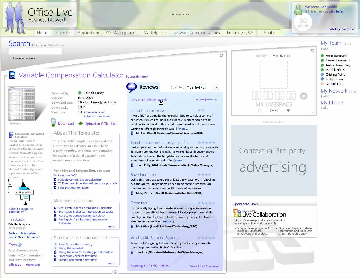 Office Live Business Network concept showing a Variable Compensation Calculator with community reviews, related resources, team information, and a personalized workspace.